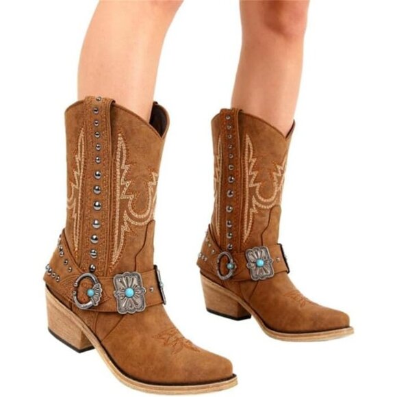 ⚡Women's Brown Ankle High Embroidery Pointed Toe Cowgirl Western Boots - Picture 6 of 6